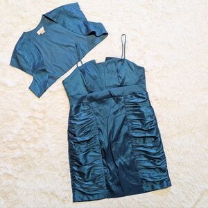 Y2K Vintage Cindy USA Iridescent Aqua Taffeta Cocktail Dress with Shrug Size 3XL